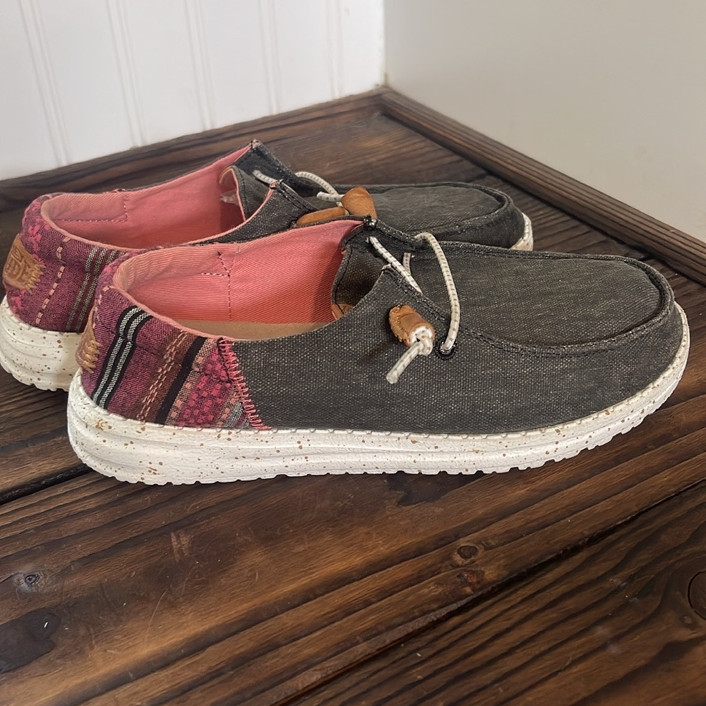 Hey Dude Wendy Funk Casual Charcoal with Brown Leather accents Slip on Moccasins - Picture 4 of 7